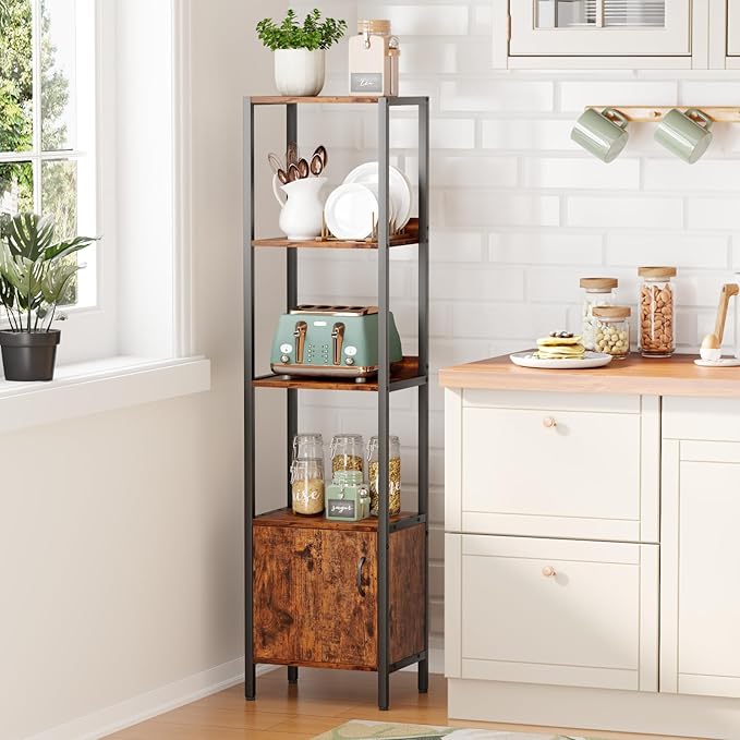 Furologee 5-Tier Bookshelf, Narrow Shelf with Storage Cabinet for Bedroom, Metal and Wood Shelf, Industrial Freestanding Display Tall Shelf for Living Room, Home Office, Bathroom, Rustic Brown - LeafyLoom