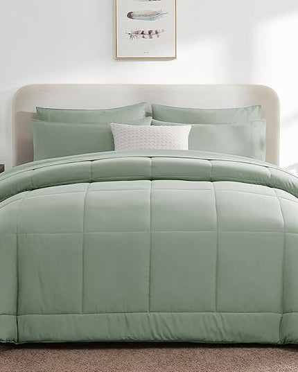 CozyLux Queen Size Comforter Sets - 7 Pieces Bed in a Bag Set Sage Green, Bedding Sets Queen with All Season Quilted Comforter, Flat Sheet, Fitted Sheet, Pillowcases, Sage Green, Queen - LeafyLoom