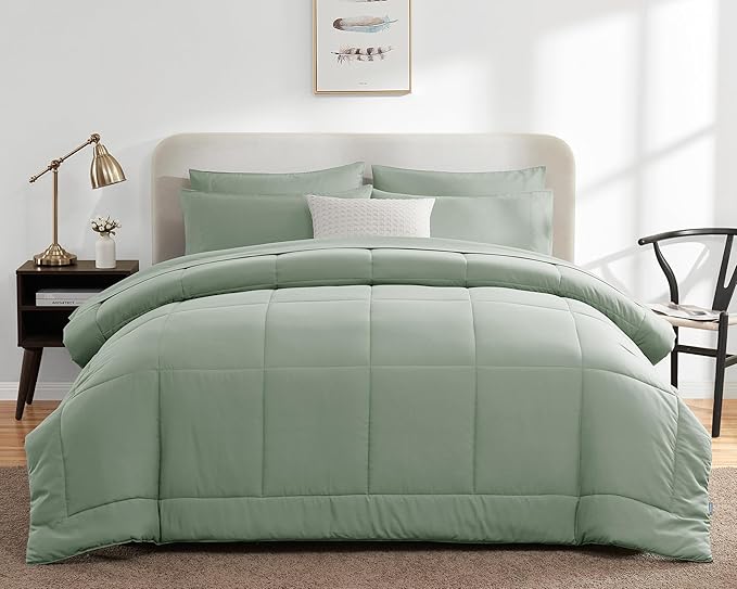 CozyLux Queen Size Comforter Sets - 7 Pieces Bed in a Bag Set Sage Green, Bedding Sets Queen with All Season Quilted Comforter, Flat Sheet, Fitted Sheet, Pillowcases, Sage Green, Queen - LeafyLoom