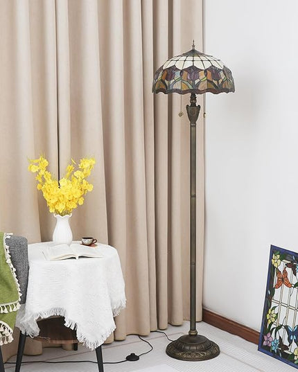 Tiffany Floor Lamp Red Tulip Style Stained Glass lamp for Living Room Bedroom Office Bright Lighting Rustic Corner Deco Standing Tall Unique Vintage Reading Unique Bronze Reading Aesthetic - LeafyLoom