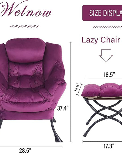 Welnow Lazy Chair with Ottoman, Modern Lounge Accent Chair with Armrests and a Side Pocket, Leisure Sofa Chair Set, Reading Chair with Footrest for Small Space, Corner Chair, Dark Purple - LeafyLoom