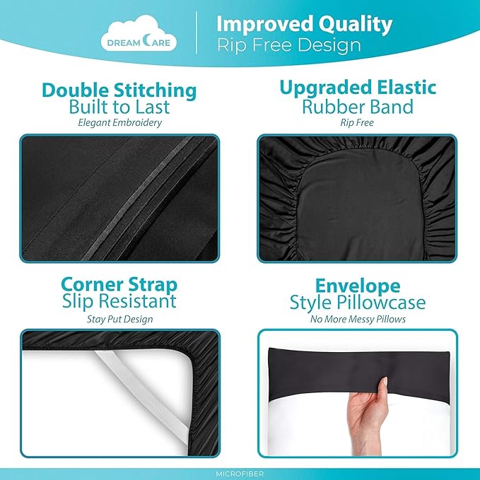 DREAMCARE Twin XL Sheet Sets - Cooling Bed Sheets - 4pcs Set - up to 15" Deep Pocket Twin XL Sheets - XL Twin Sheet Set – Soft & Long Lasting 100% Fine Brushed Polyester with Side Pocket - Black - LeafyLoom