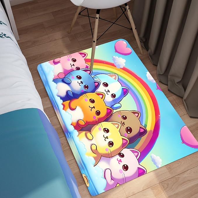 Cat Rainbow Rug for Girls Bedroom - Colorful Cat Area Rug Cat Rainbow Printed Carpet for Kids Room Cute Cartoon Cat Rug Home Decor, 2x3 Feet - LeafyLoom