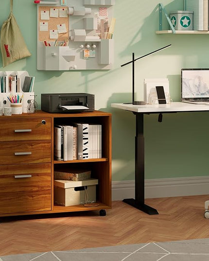 Maxtown Wood Filing Cabinet, Mobile Lateral Filing Cabinet with Lock, 3 Drawer Filing Cabinet with Open Storage Shelves, Printer Stand for Home Office, Teak - LeafyLoom