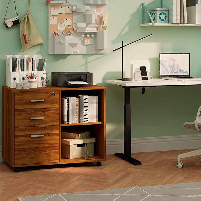 Maxtown Wood Filing Cabinet, Mobile Lateral Filing Cabinet with Lock, 3 Drawer Filing Cabinet with Open Storage Shelves, Printer Stand for Home Office, Teak - LeafyLoom