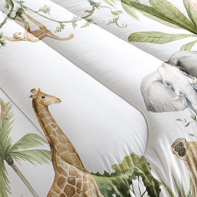 Elephant Giraffe Monkeys Comforter Twin Size,Wild Animals Kids Comforter Set,3Pcs Bedding Set Printed Comforter with 2 Pillowcases,Down Alternative,Soft and Lightweight,for All Seasons - LeafyLoom