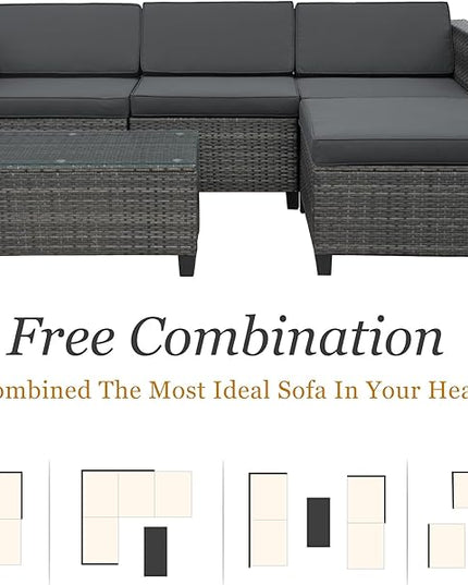 5 Piece Outdoor Patio Sectional Furniture Set, Weather Resistant Rattan Outside Couch, Waterproof Conversation Sofa for Balcony, Porch, Backyard, Deck, Garden, Grey - LeafyLoom