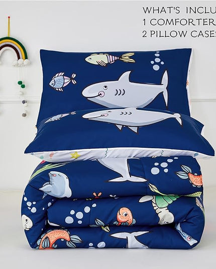 RYNGHIPY Kids Bedding Set for Twin Bed Reversible Ocean Animals Print Comforter Set for Boys Girls Easy-Wash Super Soft Microfiber Bed Set (Navy Ocean,Twin) - LeafyLoom