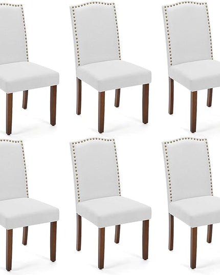 MCQ Upholstered Dining Chairs Set of 6, Modern Upholstered Fabric Dining Room Chair with Nailhead Trim and Wood Legs, Mid-Century Accent Dinner Chair for Living Room, Kitchen, Grey - LeafyLoom