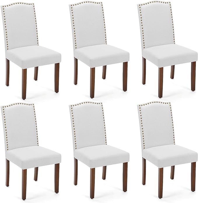 MCQ Upholstered Dining Chairs Set of 6, Modern Upholstered Fabric Dining Room Chair with Nailhead Trim and Wood Legs, Mid-Century Accent Dinner Chair for Living Room, Kitchen, Grey - LeafyLoom