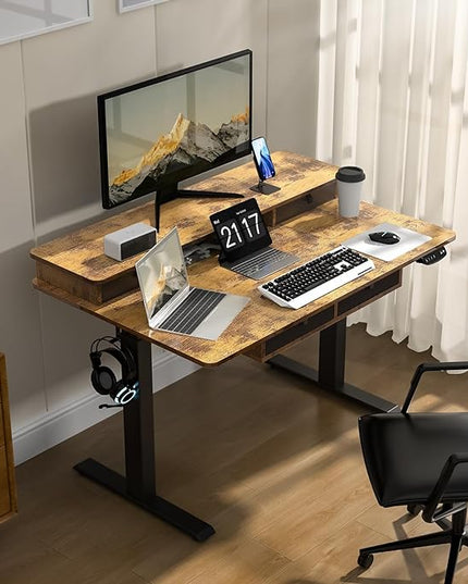 48 * 30 Inches Electric Standing Widened Desk Adjustable Height with 4 Drawers, Double Storage Shelves Stand Up Desk, Home Office Workstation Sit Stand up Desk (Rustic Brown) - LeafyLoom