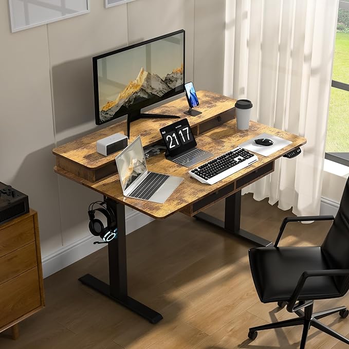 48 * 30 Inches Electric Standing Widened Desk Adjustable Height with 4 Drawers, Double Storage Shelves Stand Up Desk, Home Office Workstation Sit Stand up Desk (Rustic Brown) - LeafyLoom