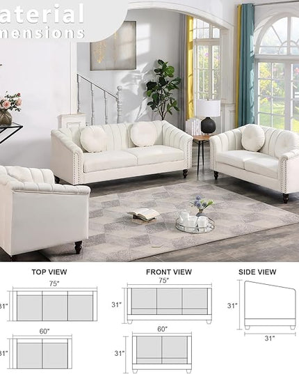 Velvet Modern Living Room Couch 3 Piece with Scroll Arms and Nailhead, includes 2 Love-seat Chair & Armchair, Sofa and Loveseat Set Grey - LeafyLoom