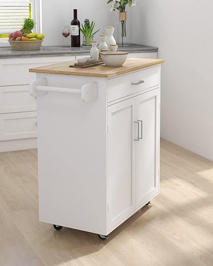 Kitchen Island with Storage, 32" kitchen Island Cart with Drawer and Adjustable Shelf, Rolling Kitchen Island with Towel Rack and Rubber Wood Table Top for Dining Room, Living Room, White - LeafyLoom