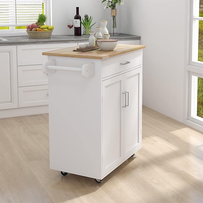 Kitchen Island with Storage, 32" kitchen Island Cart with Drawer and Adjustable Shelf, Rolling Kitchen Island with Towel Rack and Rubber Wood Table Top for Dining Room, Living Room, White - LeafyLoom