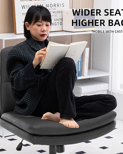 Armless Office Chair with Wheels Wide Desk Chair Leather Mid Back Accent Chair Padded Swivel Vanity Chair for Girl Women Computer Task Chair for Home Office (Leather, Black) - LeafyLoom