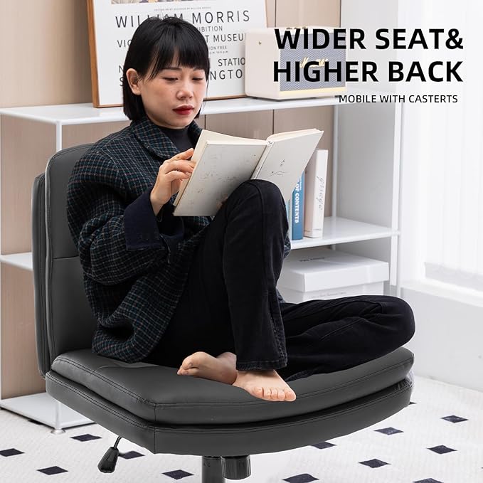 Armless Office Chair with Wheels Wide Desk Chair Leather Mid Back Accent Chair Padded Swivel Vanity Chair for Girl Women Computer Task Chair for Home Office (Leather, Black) - LeafyLoom