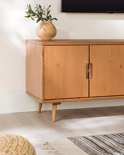 Walker Edison Genia Mid-Century Modern Solid Wood Stand for TVs up to 65 Inches, Caramel - LeafyLoom