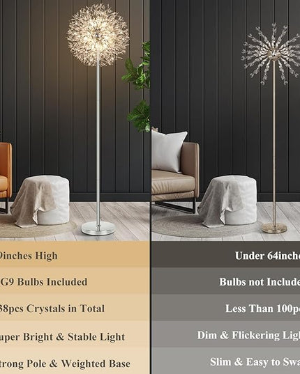 BesLowe 69'' Crystal Floor Lamp for Living Room, Modern Standing Lamp with 738PCS K9 Crystals, Tall Lamp Pole Light for Bedroom Office, Mid Century Silver Floor Lighting with 9 LED Bulbs, Chrome - LeafyLoom