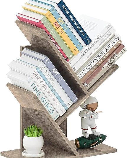 Tree Bookshelf, 3-Tier Small Book Storage Organizer Shelves Floor Standing Bookcase, Wood Storage Rack for Office Home School Shelf Display for Cd/Magazine（French Oak Grey） - LeafyLoom