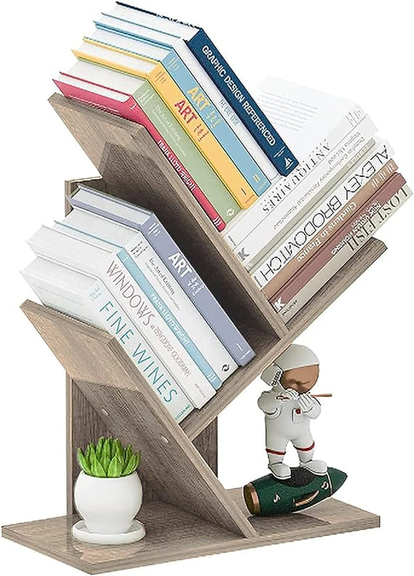 Tree Bookshelf, 3-Tier Small Book Storage Organizer Shelves Floor Standing Bookcase, Wood Storage Rack for Office Home School Shelf Display for Cd/Magazine（French Oak Grey） - LeafyLoom