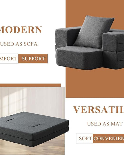 Convertible Folding Sofa - Modern Linen Fabric Coffee Table, Foldable Floor & Futon Couch, with Pillow for Living Room/Dorm/Guest Room/Home Office/Apartment,Single (2 in 1),Dark Gray - LeafyLoom