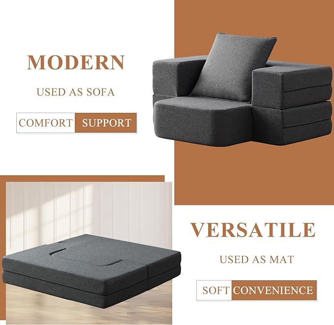 Convertible Folding Sofa - Modern Linen Fabric Coffee Table, Foldable Floor & Futon Couch, with Pillow for Living Room/Dorm/Guest Room/Home Office/Apartment,Single (2 in 1),Dark Gray - LeafyLoom