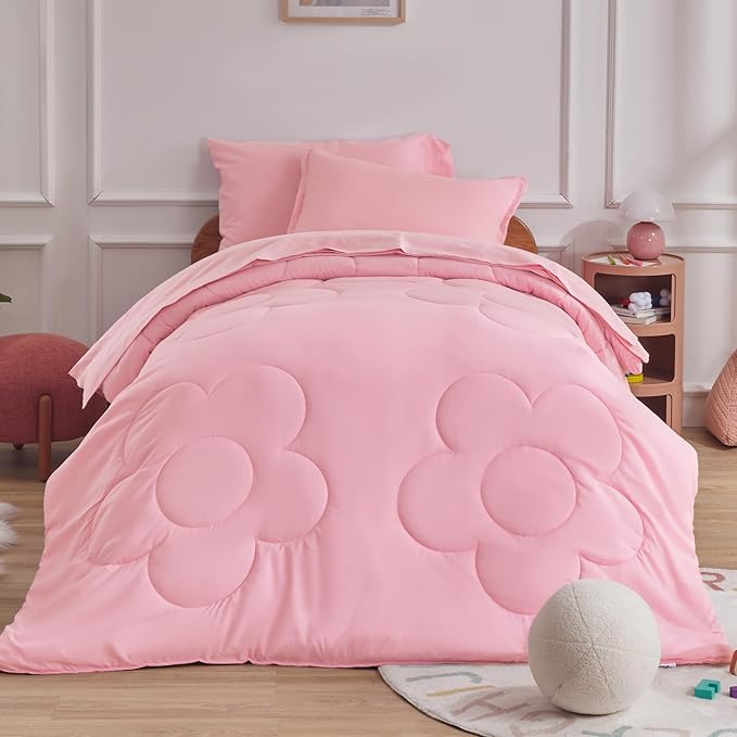 SLEEP ZONE Kids Pink Bedding Comforter Set Full/Queen Size - Super Cute & Soft Girls Bedding 7 Pieces Set with Comforter, Sheet, Pillowcase & Sham (Cinquefoil Pink) - LeafyLoom