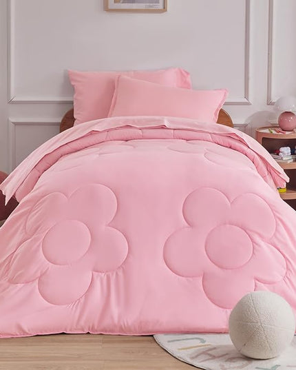 SLEEP ZONE Kids Pink Twin Bedding Comforter Set - Super Cute & Soft Girls Bedding 5 Pieces Set with Comforter, Sheet, Pillowcase & Sham (Cinquefoil Pink) - LeafyLoom