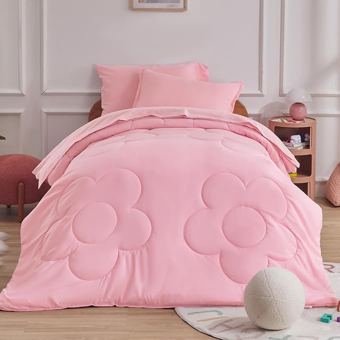SLEEP ZONE Kids Pink Twin Bedding Comforter Set - Super Cute & Soft Girls Bedding 5 Pieces Set with Comforter, Sheet, Pillowcase & Sham (Cinquefoil Pink) - LeafyLoom