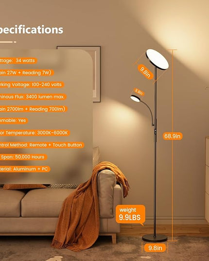 Upgraded Torchiere Floor Lamps with Reading Light, Super Bright Floor Lamps, Dimmable 3000K-6000K LED Sky Standing Lamp, Tall Lamp with Remote & Touch Control for Living Room Bedroom Office - LeafyLoom