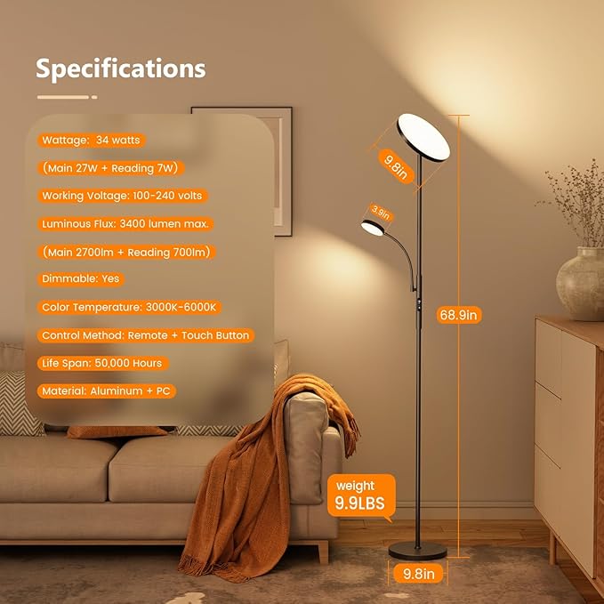 Upgraded Torchiere Floor Lamps with Reading Light, Super Bright Floor Lamps, Dimmable 3000K-6000K LED Sky Standing Lamp, Tall Lamp with Remote & Touch Control for Living Room Bedroom Office - LeafyLoom