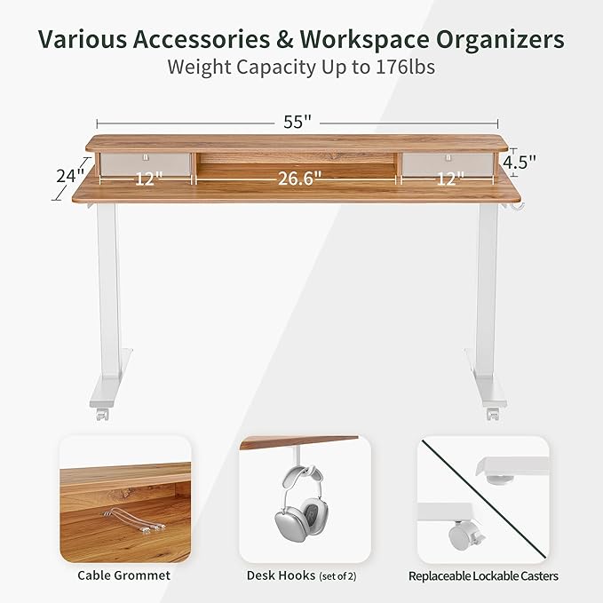 FEZIBO 55 x 24 Inch Height Adjustable Electric Standing Desk with Double Drawer, Stand Up Desk with Storage Shelf, Sit Stand Desk, Light Rustic - LeafyLoom