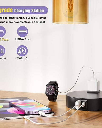 Industrial Touch Nightstand Lamps for Bedrooms Set of 2 - 3-Way Dimmable Table Lamps with USB C+A Ports and Outlet, Bedside Lamps with Amber Glass Shade for Living Room, Desk Lamps for Home Office - LeafyLoom