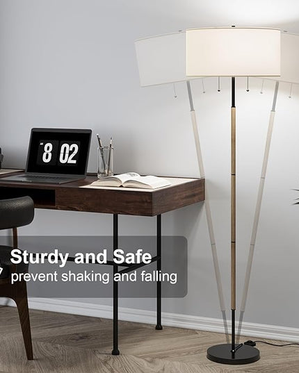 2-Light Floor Lamp, Mid Century Floor Lamp with White Fabric Shade, Standing Lamp Tall Lamp for Living Room Bedroom, 3 Color Temperatures 9W Bulb Include - LeafyLoom