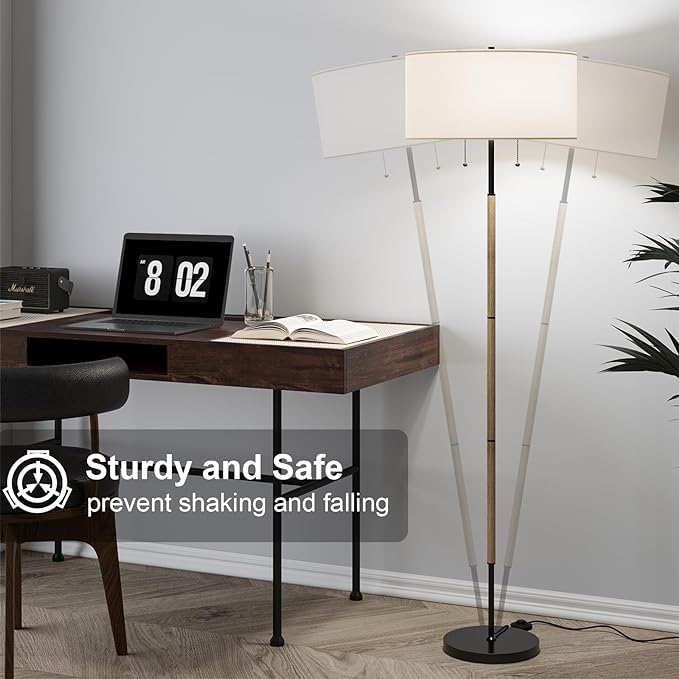 2-Light Floor Lamp, Mid Century Floor Lamp with White Fabric Shade, Standing Lamp Tall Lamp for Living Room Bedroom, 3 Color Temperatures 9W Bulb Include - LeafyLoom