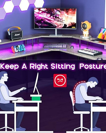 ODK L Shaped Gaming Desk with LED Lights & Power Outlets, 51" Computer Desk with Full Monitor Stand, Corner Desk with Cup Holder, Gaming Table with Hooks, Grey Oak - LeafyLoom