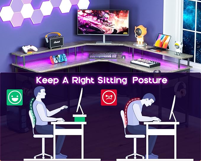 ODK L Shaped Gaming Desk with LED Lights & Power Outlets, 51" Computer Desk with Full Monitor Stand, Corner Desk with Cup Holder, Gaming Table with Hooks, Grey Oak - LeafyLoom