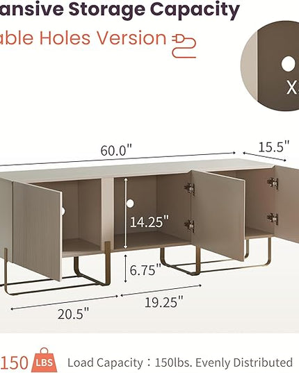 24/7 Shop at Home Mignon Contemporary Modern Style 60" TV Stand with 3 Storage Cabinets, Fits 65 Inches, Entertainment Center Console for Family, Living Room & Bedroom, Metal Legs, Taupe - LeafyLoom