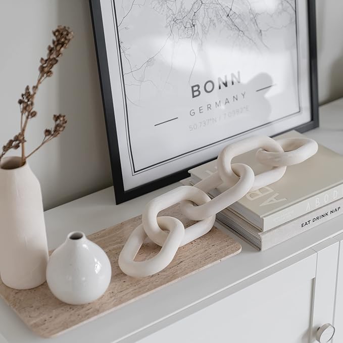 Wood Chain Link Decor - Rustic White Washed Decorative Chain, Coffee Table Decor, Book Shelf Decor Accents, Made from Pine Wood, Bookshelf Decor,Boho, Country or Modern Home Décor for Shelves - LeafyLoom
