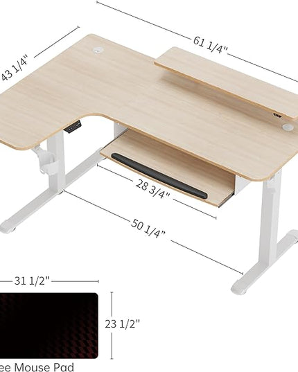 EUREKA ERGONOMIC Standing Desk Adjustable Height 61" Electric Sit Stand Computer Desk L Shaped with Keyboard Tray,Monitor Stand &LED, Dual Motor Memory Presets Sit to Desk Adjustable Desk, Left/Maple - LeafyLoom