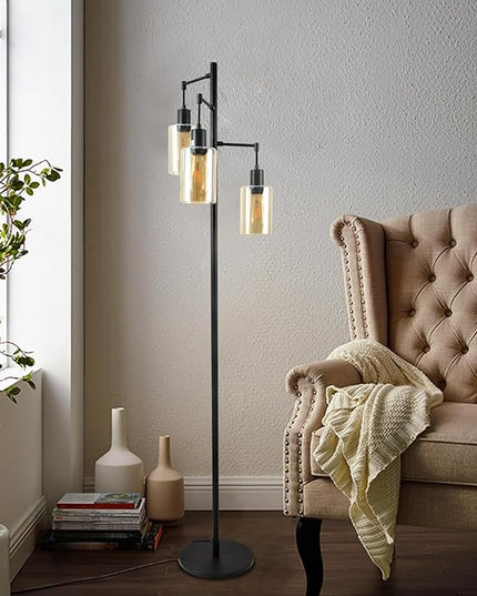 Farmhouse Floor Lamp for Living Room Bedroom, 3-Lights Floor Lamp with On/Off Foot Switch, Tall Pole Tree Standing Lamp Oil Rubbed Bronze with Amber Glass Shade, LED 3 Bulbs Included - LeafyLoom