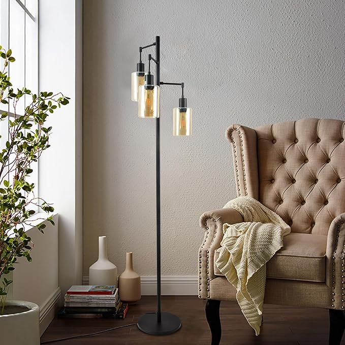 Farmhouse Floor Lamp for Living Room Bedroom, 3-Lights Floor Lamp with On/Off Foot Switch, Tall Pole Tree Standing Lamp Oil Rubbed Bronze with Amber Glass Shade, LED 3 Bulbs Included - LeafyLoom