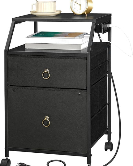 HOOBRO 2-Drawer Mobile File Cabinet, Filing Cabinet with Charging Station, Rolling Printer Stand with Open Storage Shelf, fits A4/Letter-Size for Home Office, Nonwovens Drawer, Black BB10UWJ01 - LeafyLoom