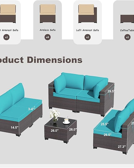 Outdoor Furniture Set 7PCS Patio Furniture for Backyard Wicker Sectional Sofa Set 6 Seats, PE Rattan Outdoor Conversation Set with Thickened Cushions and Glass Coffee Table, Blue - LeafyLoom