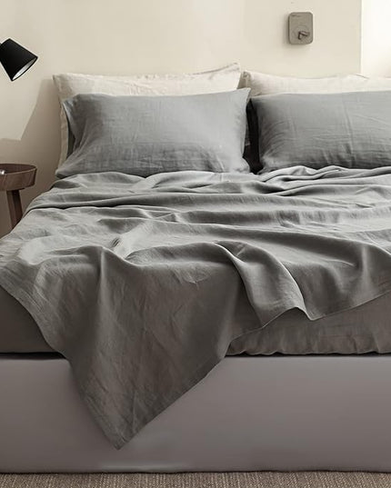 Simple&Opulence 100% Linen Sheet Set Solid Color-4 Pcs Washed French Linen Bed Sheets(1 Flat Sheet,1 Fitted Sheet,2 Pillowcases)-Breathable Bedding Set (Grey, King) - LeafyLoom