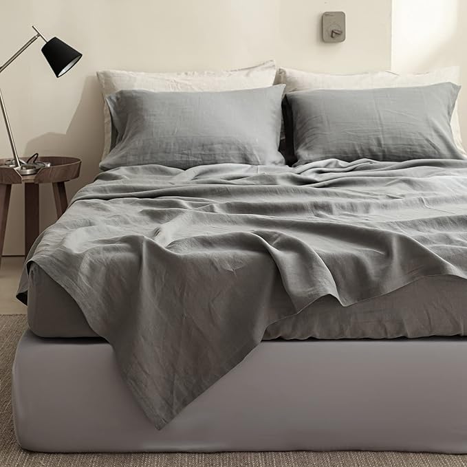Simple&Opulence 100% Linen Sheet Set Solid Color-4 Pcs Washed French Linen Bed Sheets(1 Flat Sheet,1 Fitted Sheet,2 Pillowcases)-Breathable Bedding Set (Grey, King) - LeafyLoom