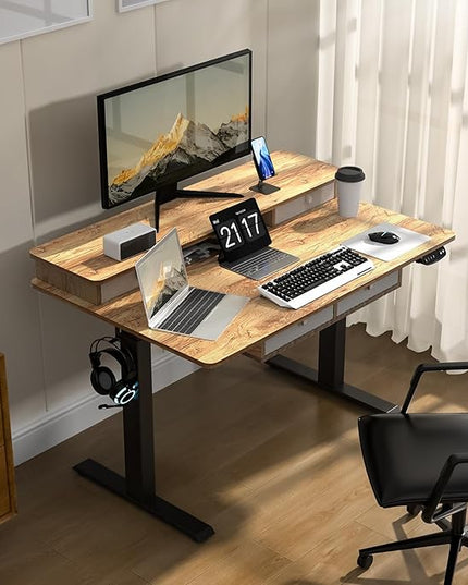 48 * 30 Inches Electric Standing Widened Desk Adjustable Height with 4 Drawers, Double Storage Shelves Stand Up Desk, Home Office Workstation Sit Stand up Desk (Light Rustic Brown) - LeafyLoom
