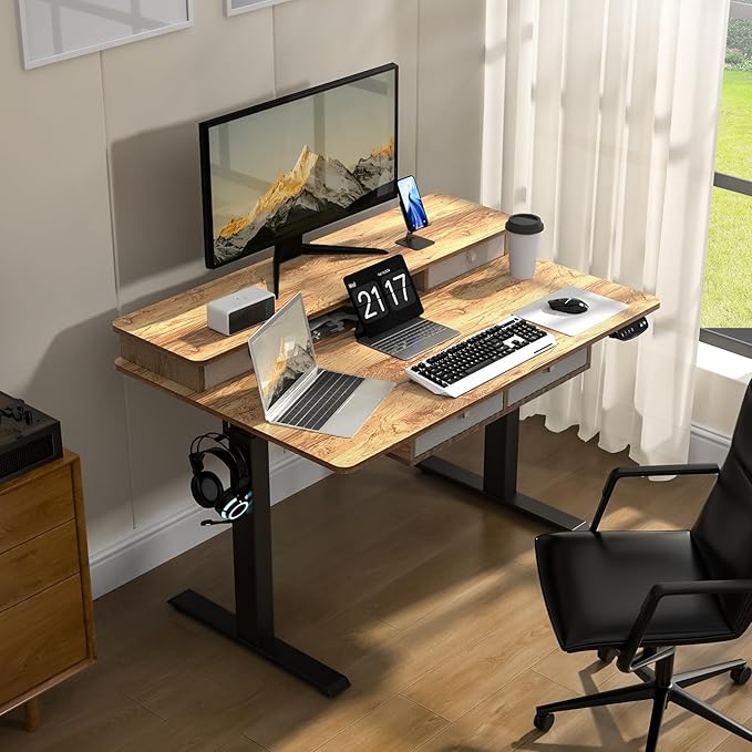 48 * 30 Inches Electric Standing Widened Desk Adjustable Height with 4 Drawers, Double Storage Shelves Stand Up Desk, Home Office Workstation Sit Stand up Desk (Light Rustic Brown) - LeafyLoom