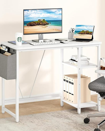 Computer Desk, 39.3” Home Office Desks, Modern Small Desk for Bedroom, Gaming Desk with Iron Hook and Height Adjustable Feet, Sturdy Student Writing Desk with Storage Bag, Storage Shelves - LeafyLoom
